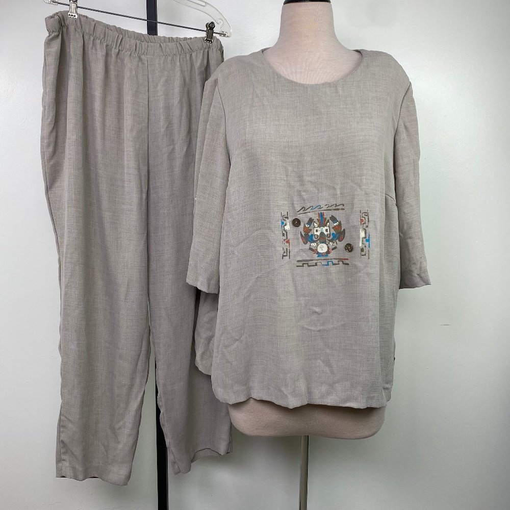 Chad's Place 26W Beige Sand Beaded Shirt & Pant Set